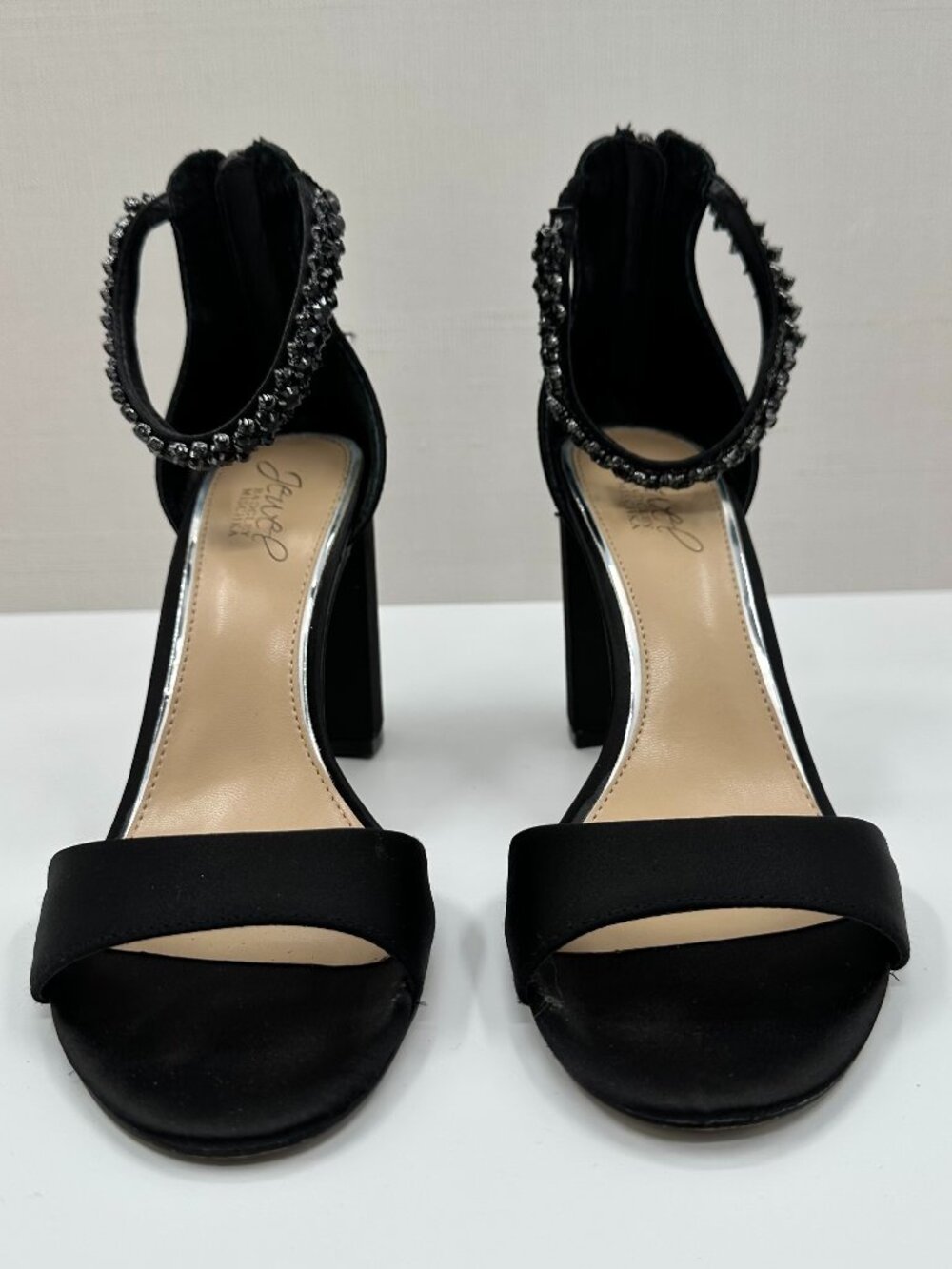 Badgley Mischka Louise Peep-Toe Block Heel Bejeweled Ankle Strap Shoes. Sz 8